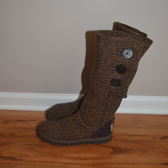 Ugg Classic Cardy Women's Brown Metallic Button knit Sweater Boots Size 9 - Picture 2 of 13